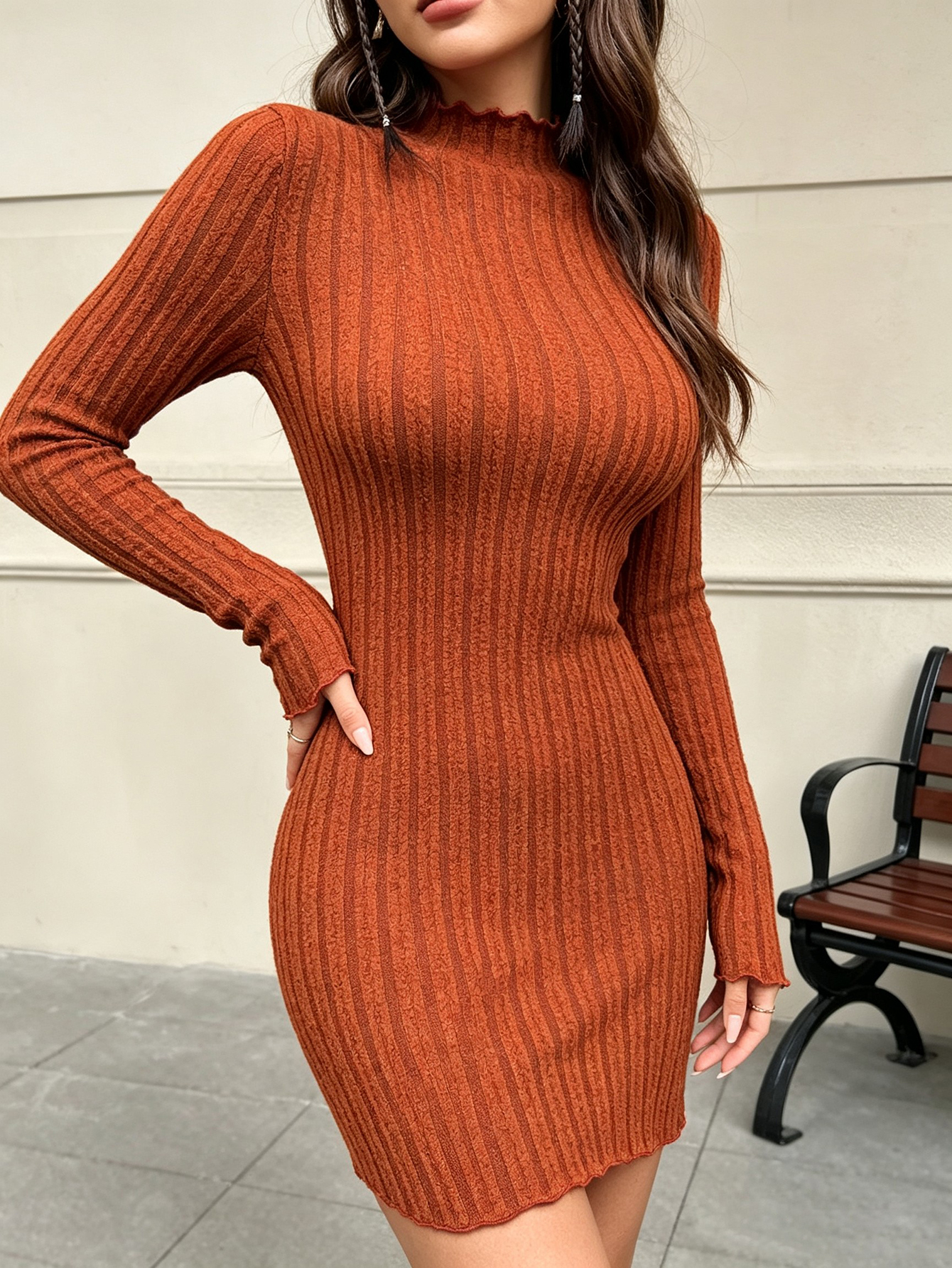 Women's Knit Long Sleeve Sweater Dress Lettuce Trim Mock Neck Tunic Dress photo 3