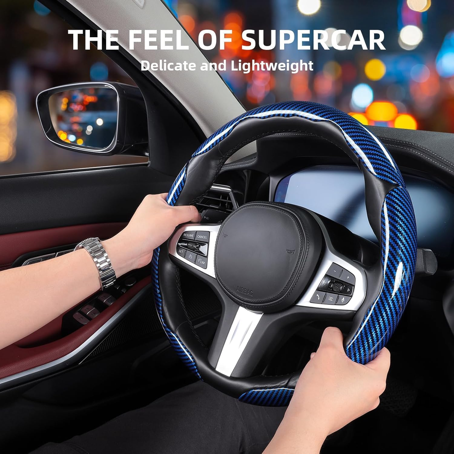 Carbon Fiber Steering Wheel Covers 3 Piece Clip On Steering Wheel Cover Blue photo 4