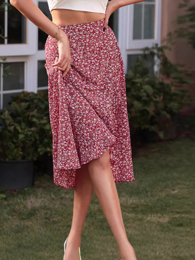 Women Ditsy Floral Midi Skirt High Waist A Line Flowy Ruffle Hem Casual Boho Skirt For Summer photo 2