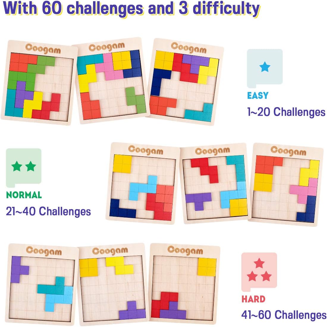 Wooden Pattern Blocks Puzzle With 60 Challenges, 3D Tangram Brain Teaser Game For Kids And Adults, STEM Learning Toy photo 4