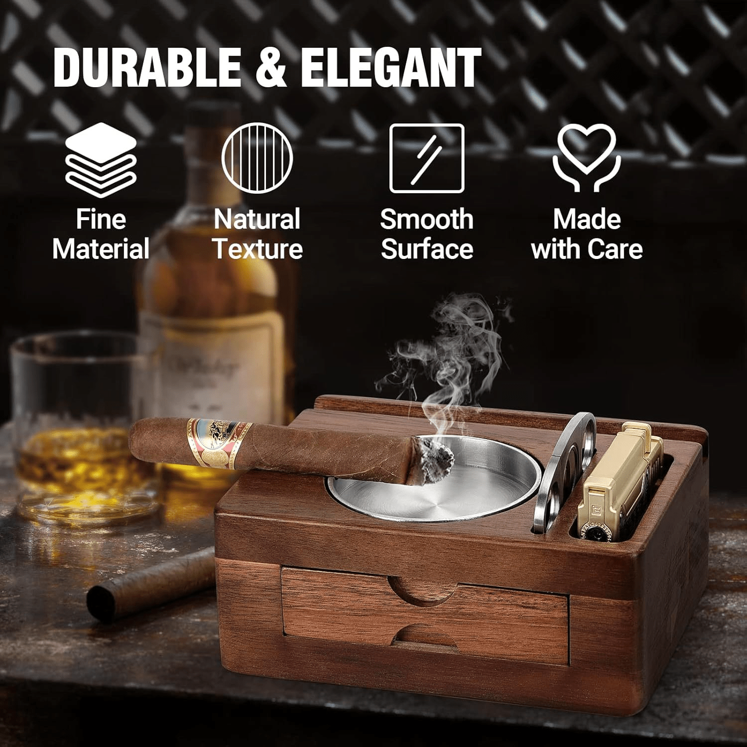 Cigar Ashtray - Wooden Ashtray With Cigar Cutter photo 2