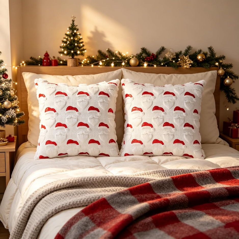 2Pcs Santa Christmas Pillow Covers 18x18, 3D Jacquard Faux Fur Decor photo 3
