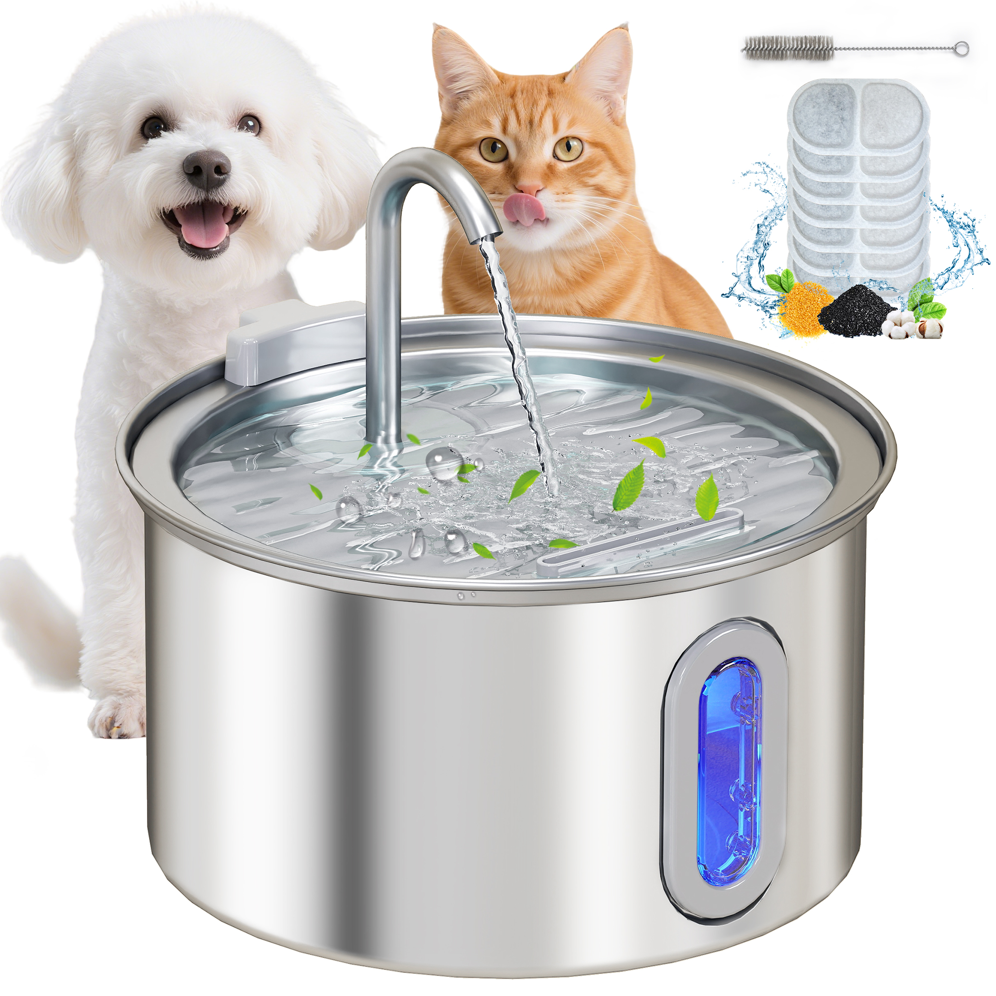 2.5L Stainless Steel Cat Water Fountain With Ultra Quiet Pump Water Level Window And 7 Filters photo 1