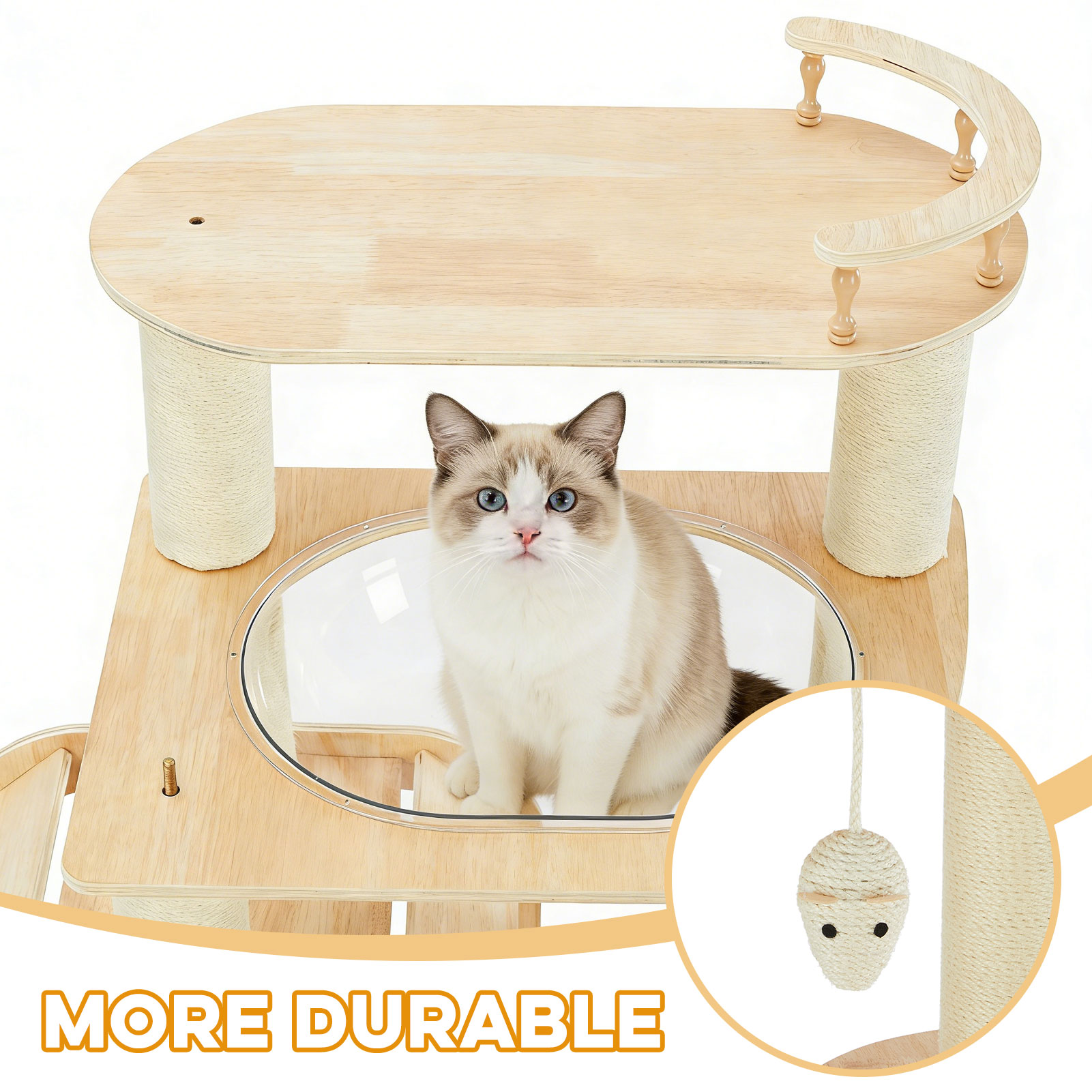 Modern Heavy-Duty No-Drill Cat Tree-Solid Wood Multi-Story Board, 4-Story Multi-Column Cat Tower, 57.9in For Multi-Cat Households, Open Condo, Space Capsule & Perch, Natural Wood Indoor Pet Furniture photo 4