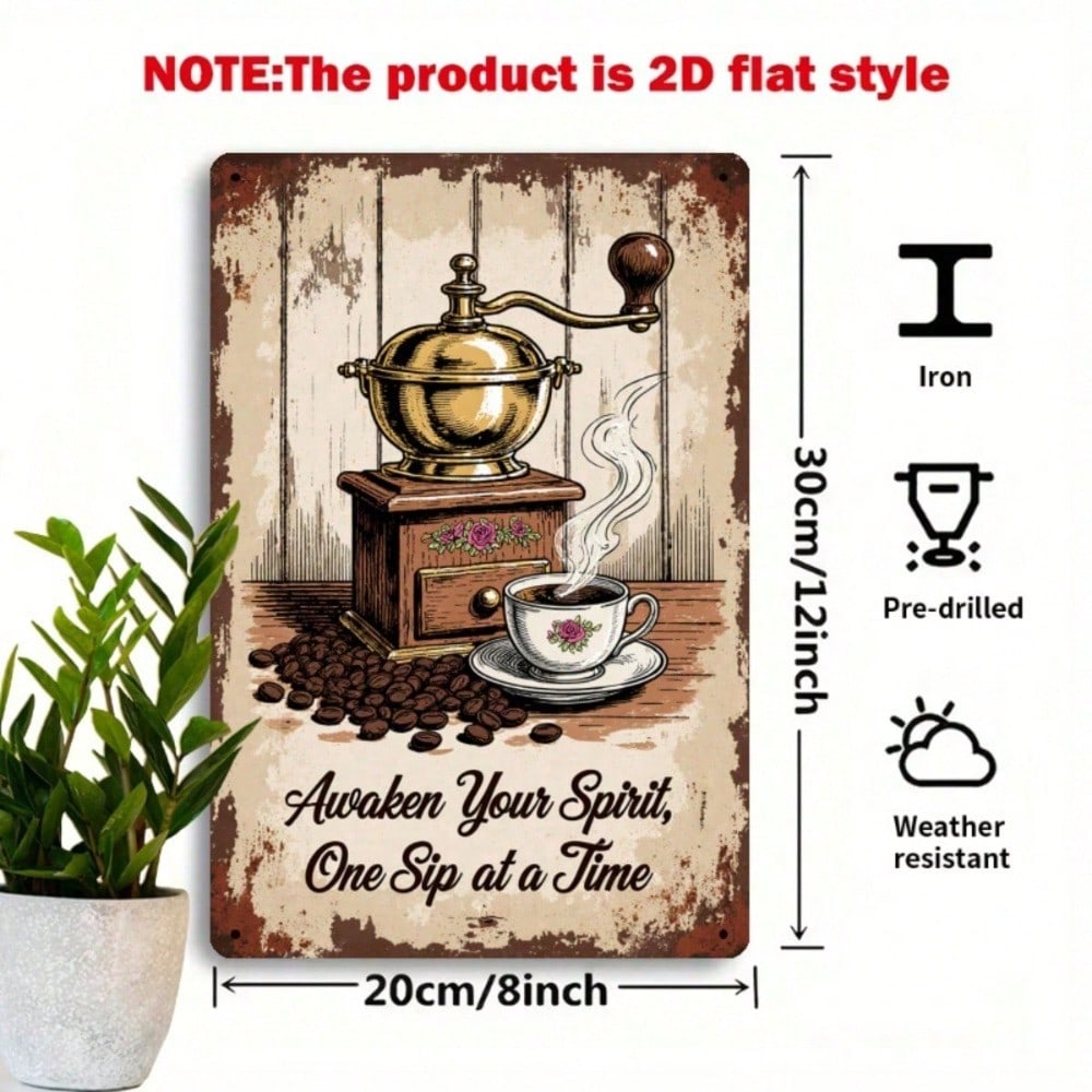 Vintage Coffee Metal Wall Sign, Retro Coffee Bean & Cup 2D Flat Iron Plaque photo 2