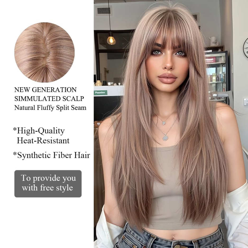 Blonde Wigs For Women With Bangs Long Natural Straight Synthetic Hair Heat Resistant Wigs For Daily Party Cosplay Wear photo 2