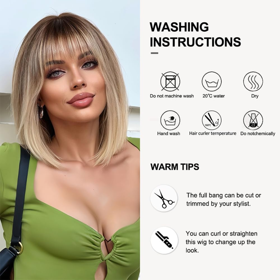 Blonde Wig With Bangs Short Bob Straight Wig For Women Synthetic Hair Wigs For Daily Party Cosplay Wear photo 3
