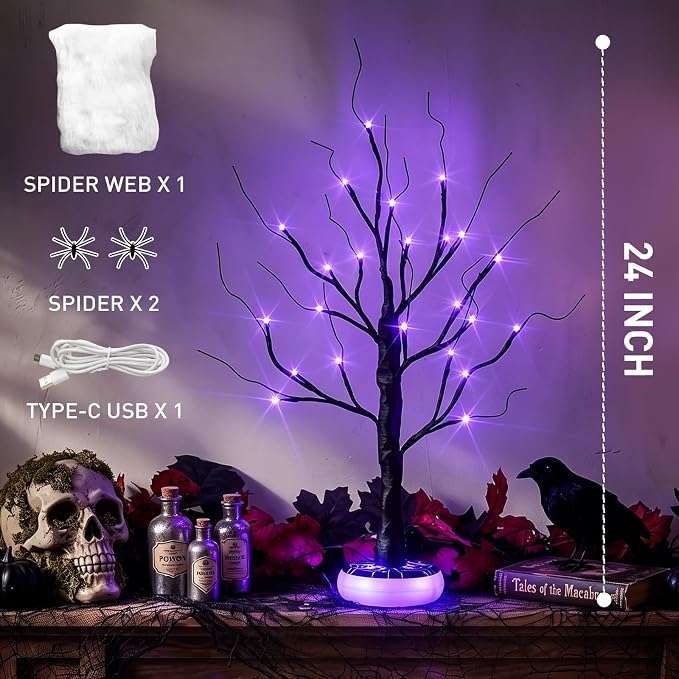 2FT Lighted Spooky Black Halloween Tree With Timer For Indoor Tabletop Party Decorations photo 3