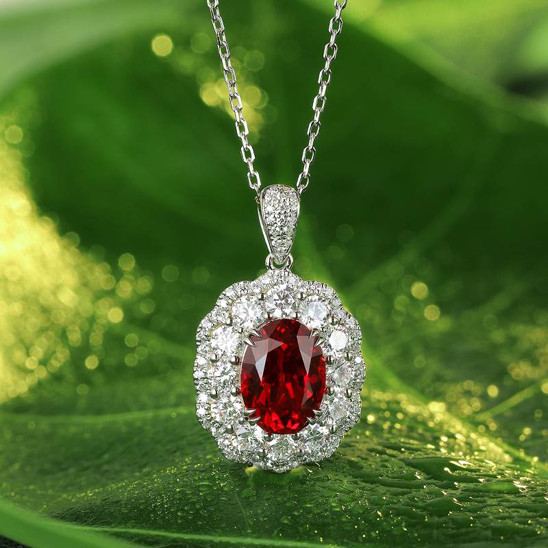 S925 Silver 5.2g Lab-Created Ruby Necklace, 10x7mm Halo Pendant, 40&5cm, GRA Certified photo 4