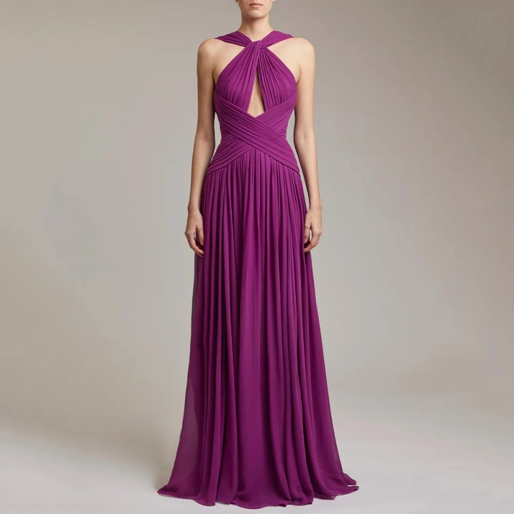 Twist Halter Keyhole Cross Ruched Chiffon Floor Length Evening Maxi Dress photo 1