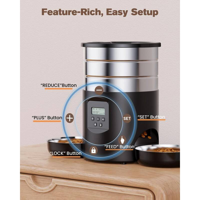 Dual Bowl Automatic Cat Feeder For Two Cats With Stable Anti Slip Design And Programmable Timer Offering One To Ten Portions Per Meal Transparent Locking Lid And Smart Dispenser For Both Dry And Wet F photo 7