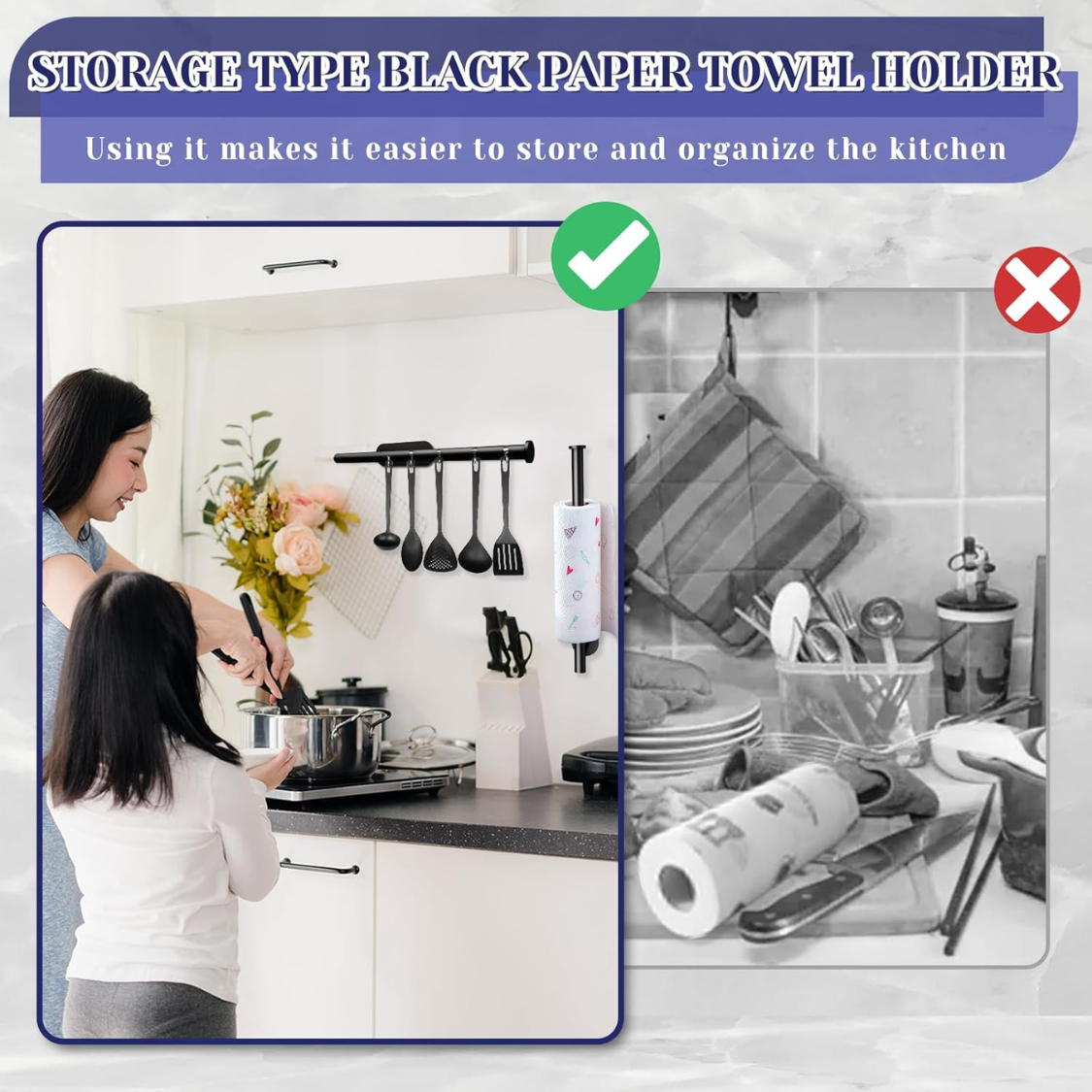 Black Self-Adhesive Under Cabinet Paper Towel Holder Wall Mounted Roll Organizer For Kitchen Bathroom Counter Storage photo 3