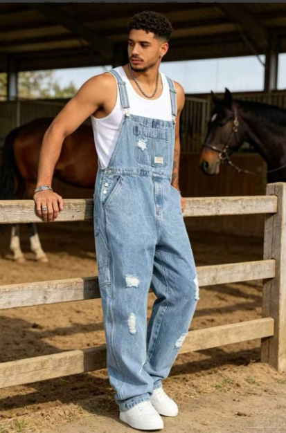 Light Wash Mens Denim Overalls Distressed Baggy Loose Fit Bib Dungarees Vintage Streetwear US Ready Stock photo 8