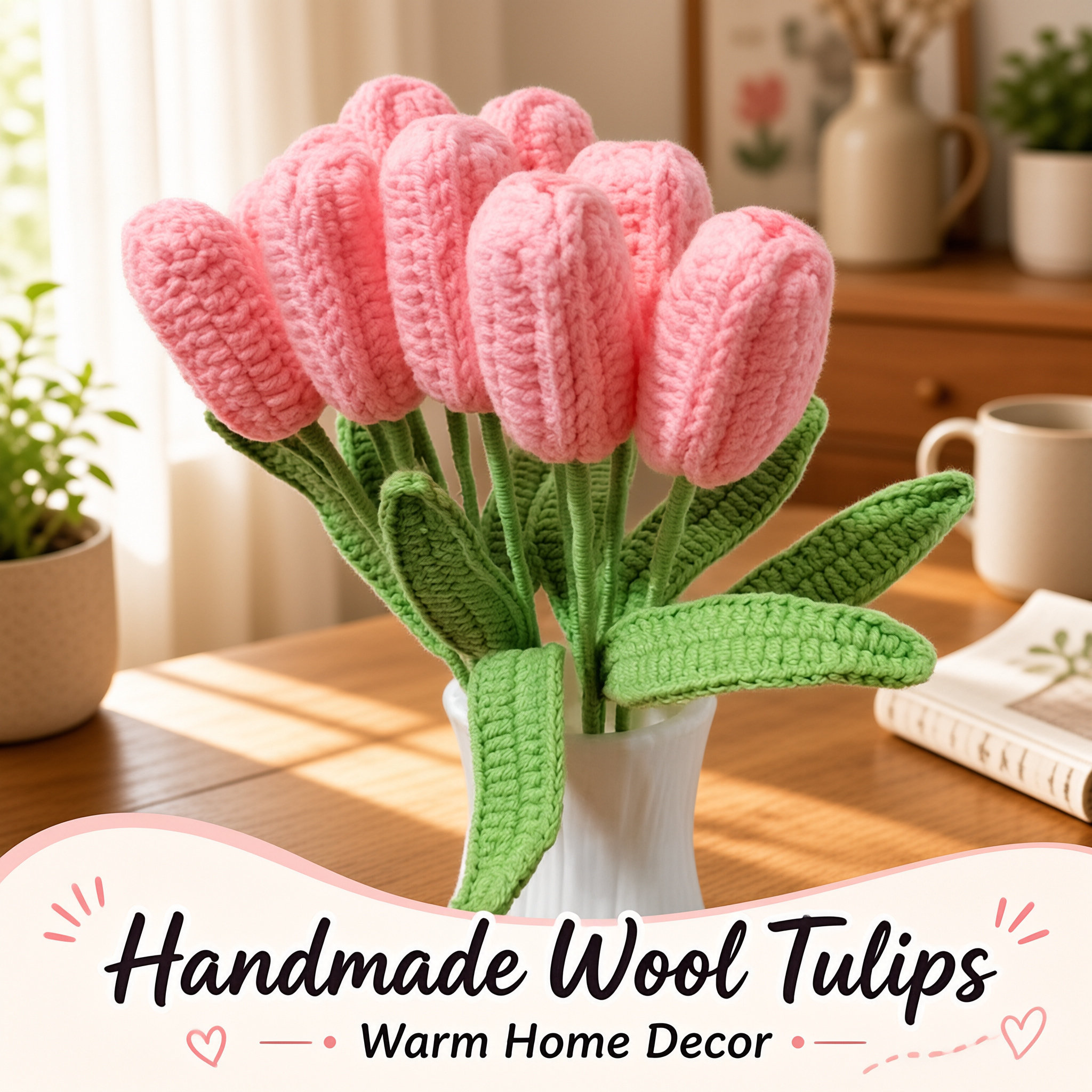 Hand Crocheted Finished Tulip Bouquet Knitted Yarn Handheld Bouquet Artificial Flower For Home Decor Holiday Gift photo 3