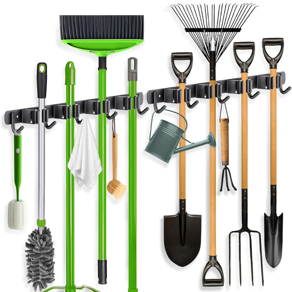 2 Pack Mop Broom Holder Wall Mount 4 Racks 5 Hooks Storage Black photo 1