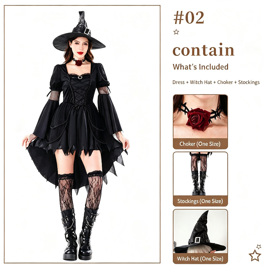 Women Gothic Witch Halloween Costume, Black Irregular Hem Witch Dress With Witch Hat, Dark Forest Sorceress Cosplay Outfit For Halloween Party Stage Performance photo 5