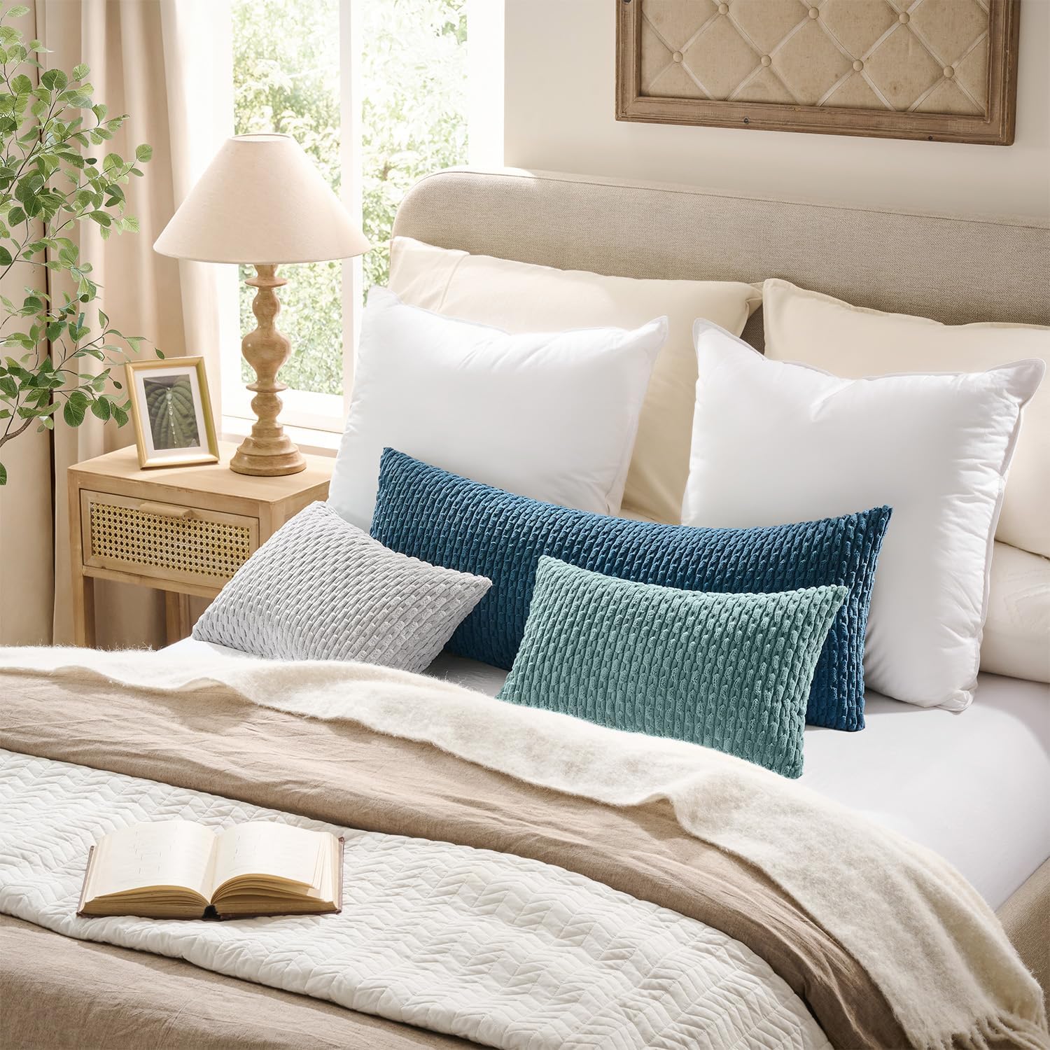 Blue Grey Corduroy Throw Pillow Covers 2 Units, 12x20 Inch Boho Striped Decorative Cushion Cases For Sofa, Couch And Bed photo 3