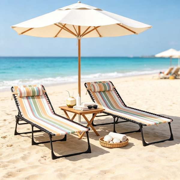 Striped 2 Folding Outdoor Lounge Chairs For Beach Camping Use, Pillow, Mesh & Bungee Seat photo 4