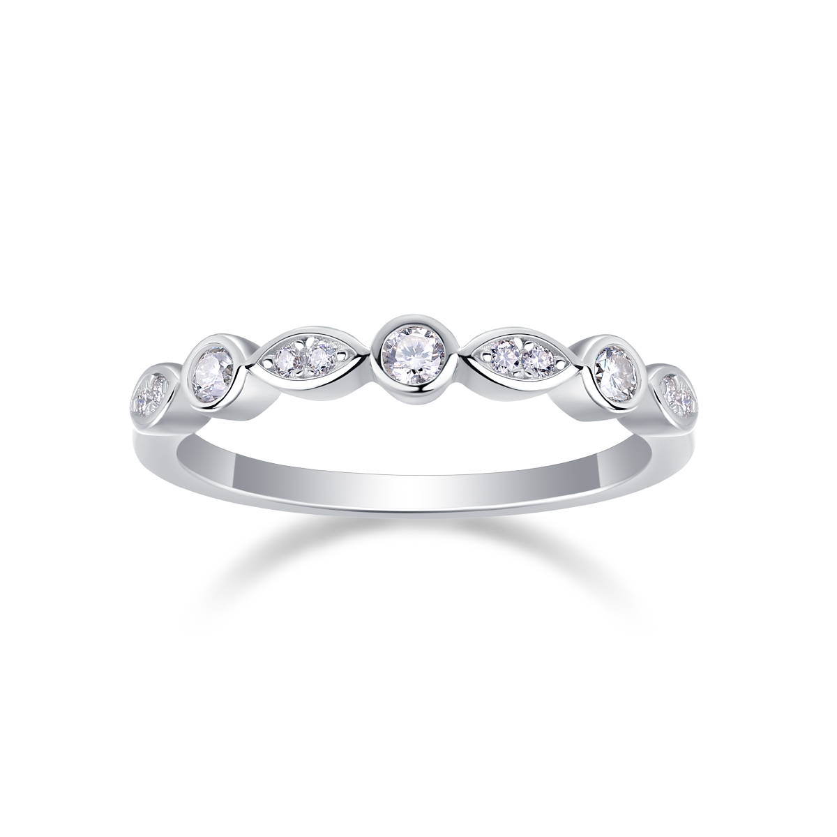 S925 Silver 1.8g Platinum Plated Moissanite Ring, 3.5mm Round & Marquise Bezel Half Eternity Band, GRA Certified US 5-9 photo 5