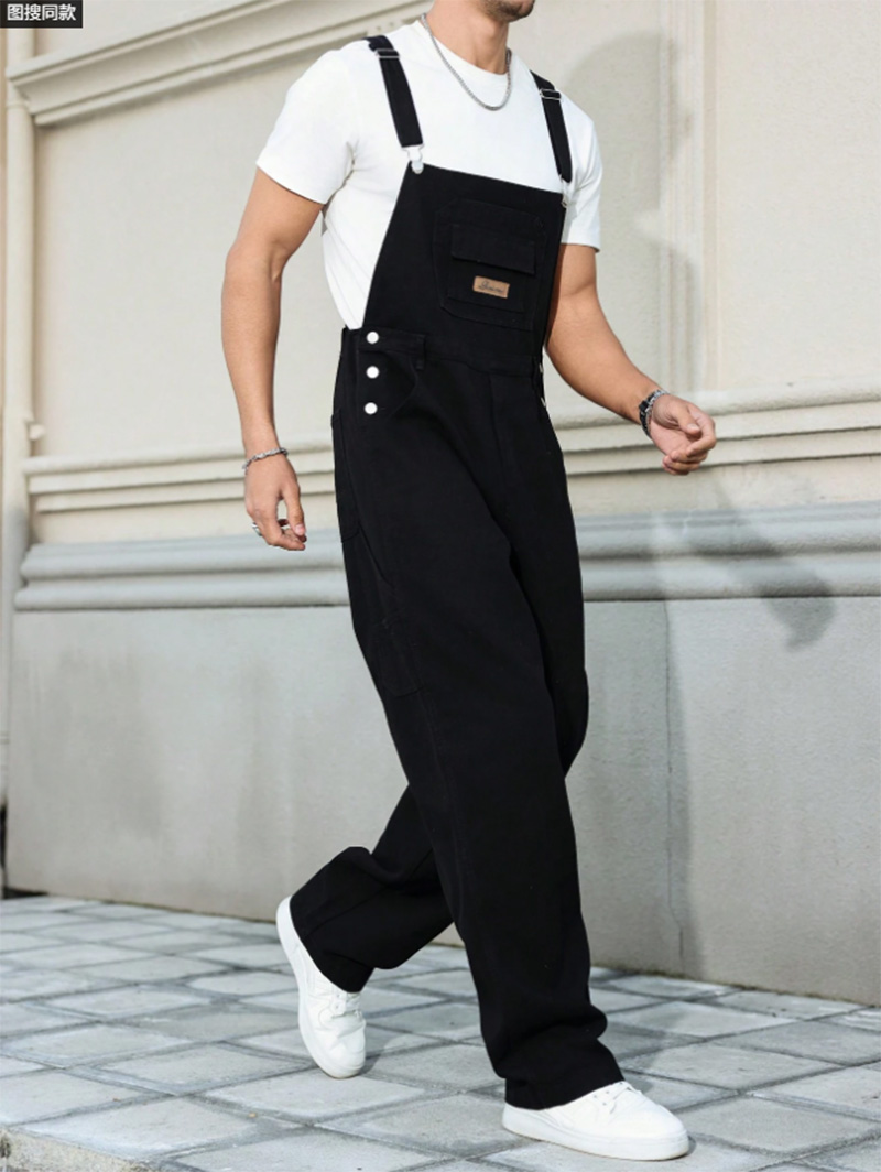 Black Denim Overalls Men Loose Straight Leg Bib Overalls Utility Workwear Jumpsuit US Ready Stock photo 1