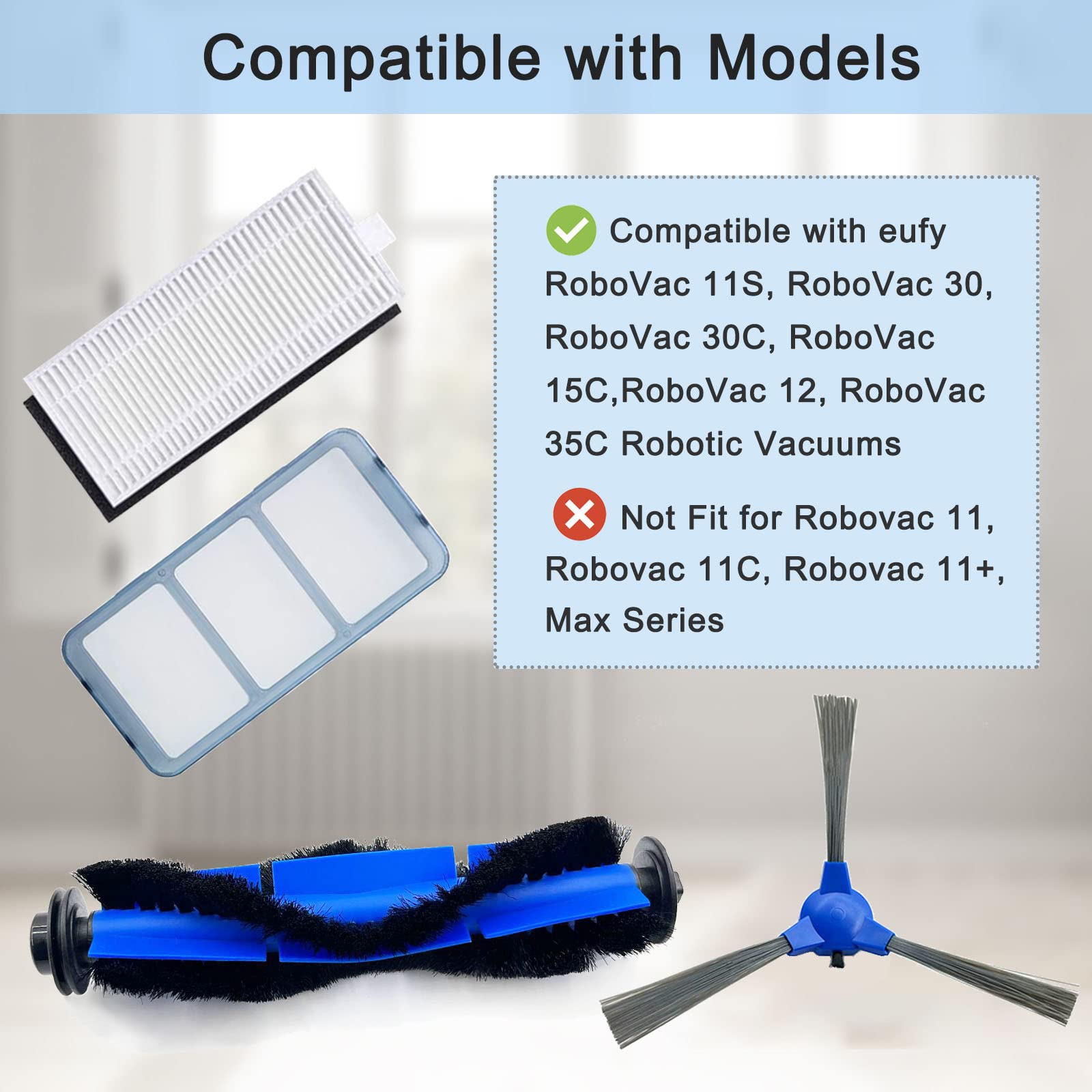 RoboVac 11S Replacement Part Compatible For Eufy RoboVac 11S, 15C, 30, 30C, 12, 35C, 25C, 15T Robotic Vacuums, 3 Rolling Brushes, 12 Filter Sets, 12 Side Brushes, 1 Rolling Brush Guard, 2 Pre Filters photo 4