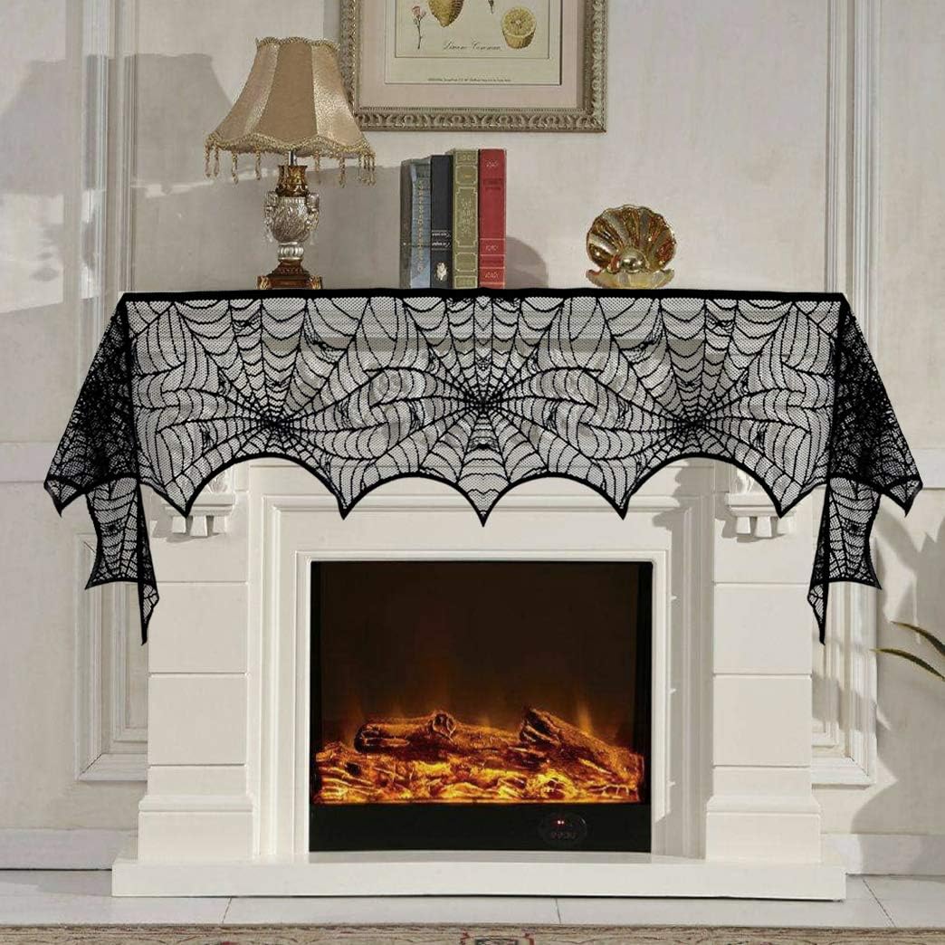 Halloween Spiderweb Tablecloth Runner 5 Units, Black Lace Cobweb Table Cover With 36 3D Bats For Party Mantel Decor photo 3