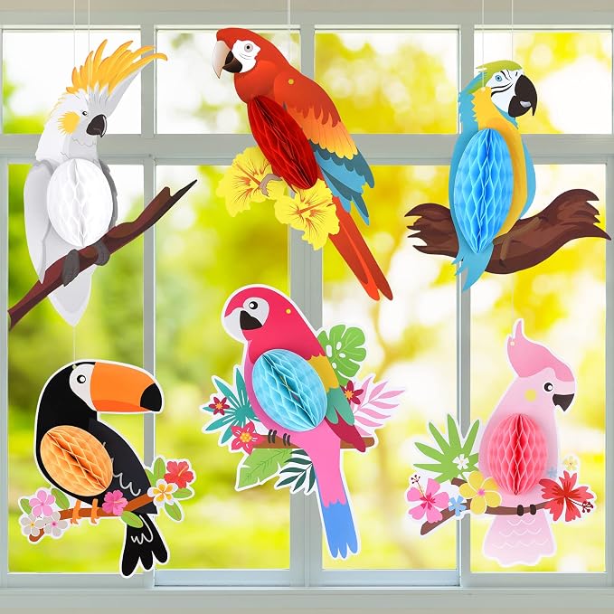 6-Piece Tropical Parrot Honeycomb Paper Birds Hawaiian Luau Beach Summer Party Decorations photo 1