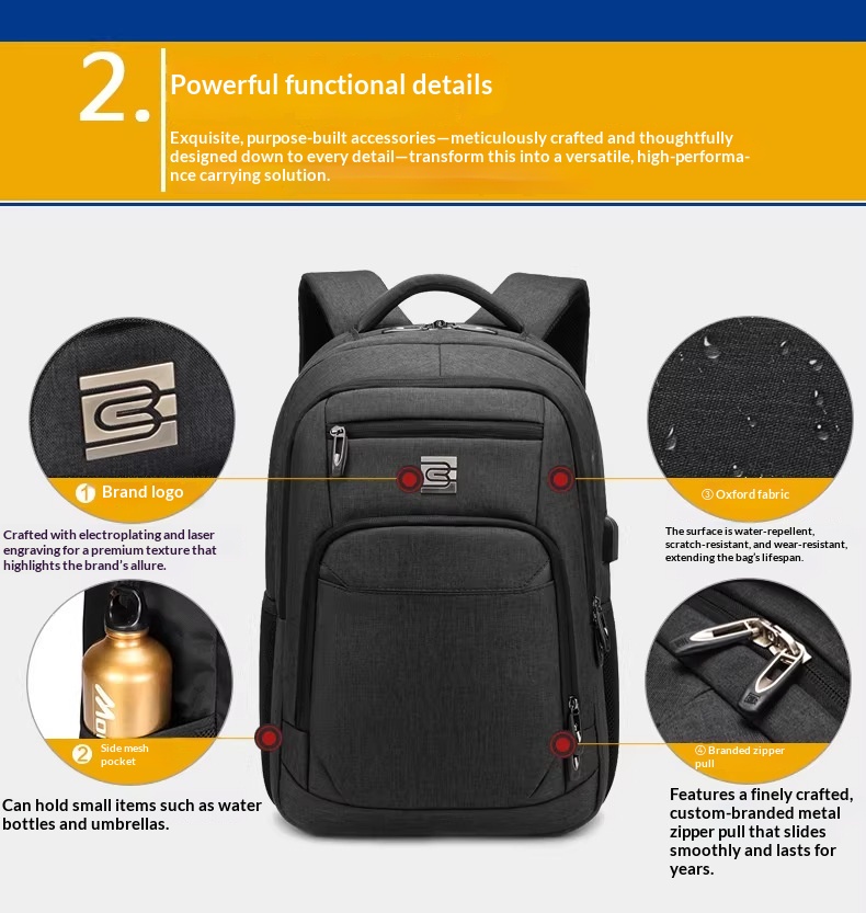 BC Men's Business Backpack Oxford Cloth Waterproof 16 Inch Large Capacity Multifunctional Computer Backpack Student Backpack Female - Coffee Color photo 2