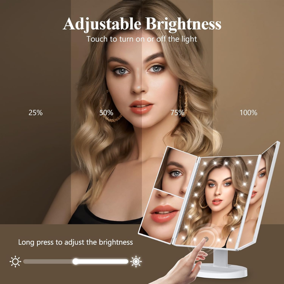 Magnifying Vanity Mirror With Light, Trifold Makeup Mirror Touch Dimming, Dual Power, Clear View For Makeup, Skincare. Dorm Room photo 3