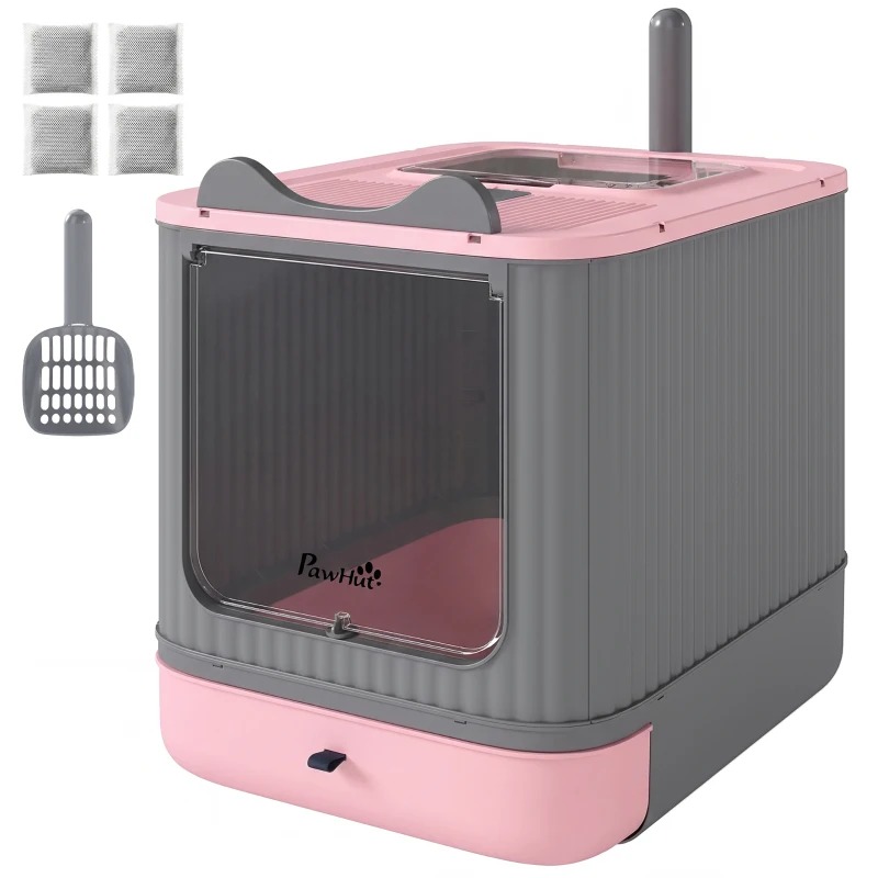 Cat Litter Box With Lid, Enclosed Litter Box For Medium Cats, Front-Entry And Top-Exit, Scoop, Deodorizer Bag, Pink photo 3