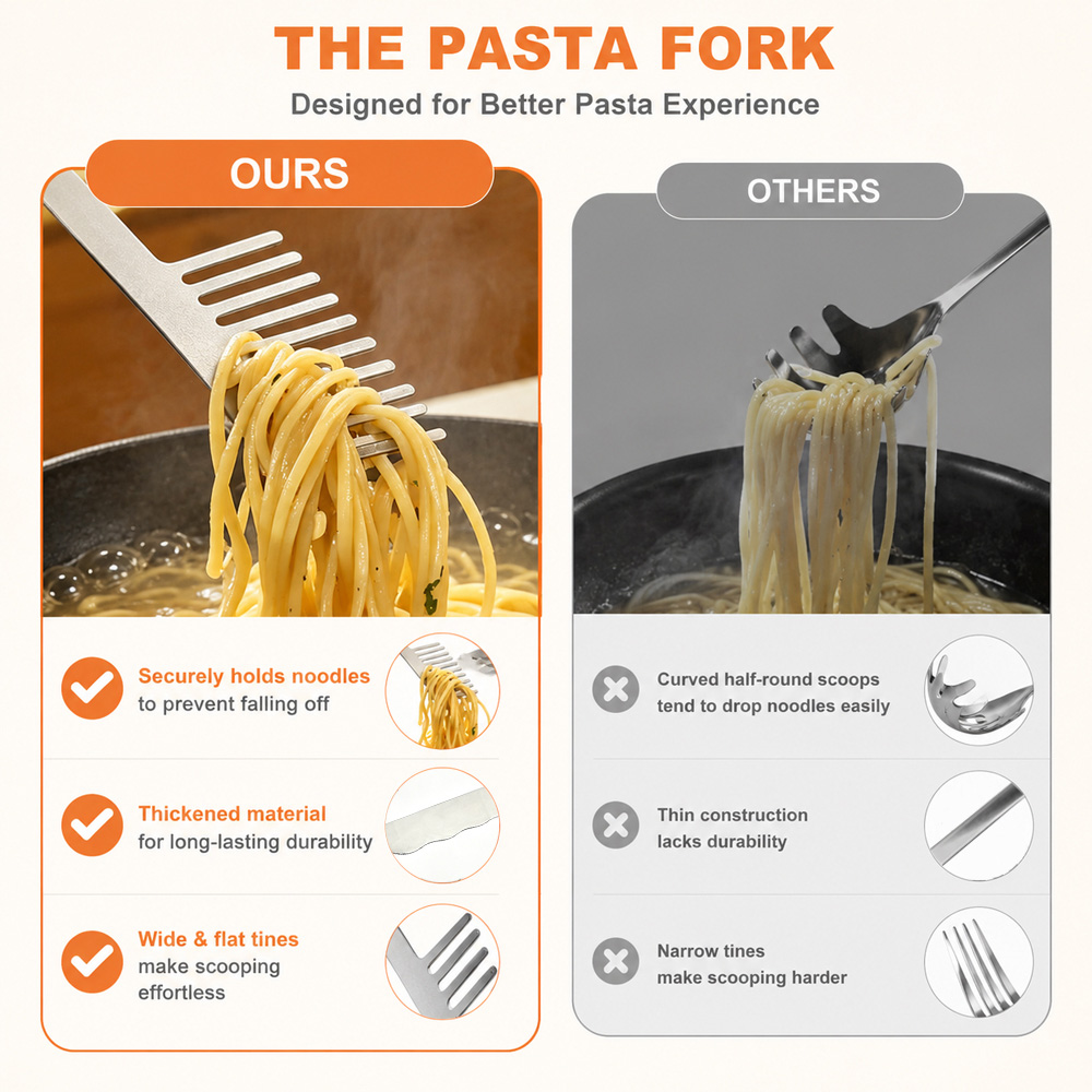 Pasta Fork Spaghetti Server Noodle Fork Stainless Steel Comb Shape Anti Slip Ergonomic Handle Kitchen Cooking Tool For Home Restaurant Hotel Buffet Party Wedding Catering Italian Ramen Noodle Soup photo 5