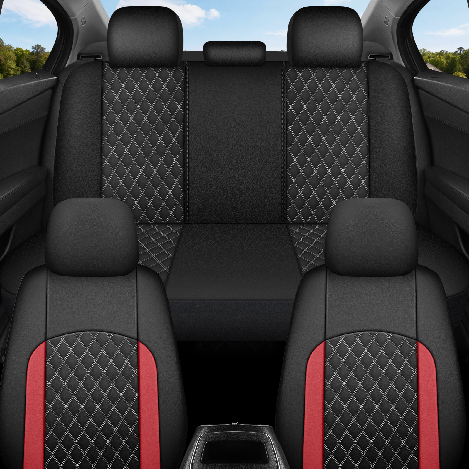 Sport Racing Style PU Leather Car Seat Covers Full 5 Seats, Dual Side Colored Double Stitch Diamond Grid  Inner Diamond Thread All White , Breathable Wearproof Universal Auto Seat Cushion Protector photo 5