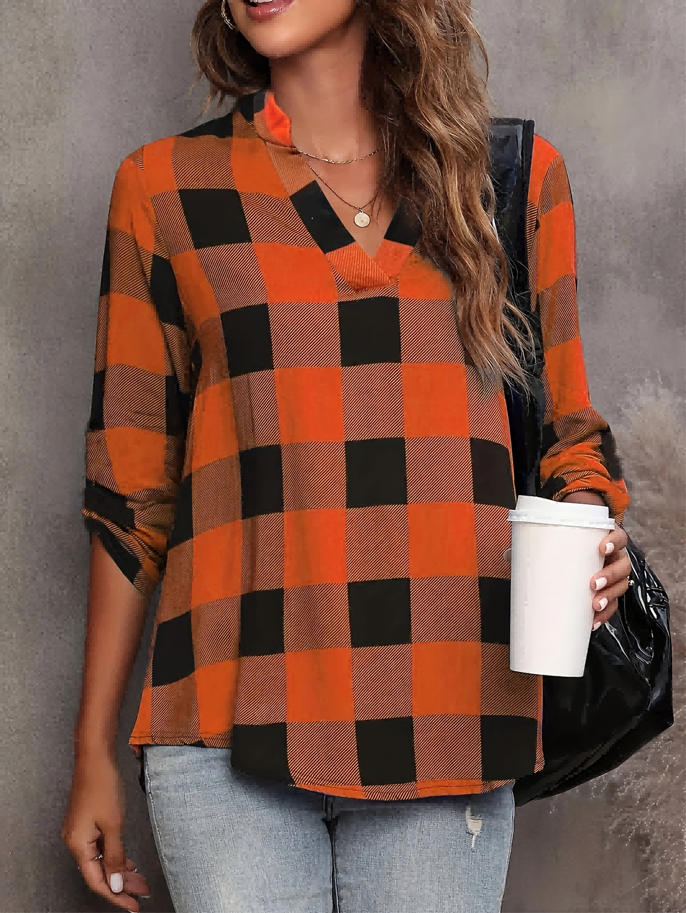 Women's Buffalo Plaid V Neck Blouse, Long Sleeve Notch Collar Tunic Shirt, Casual Fall Plaid Top For Women photo 4