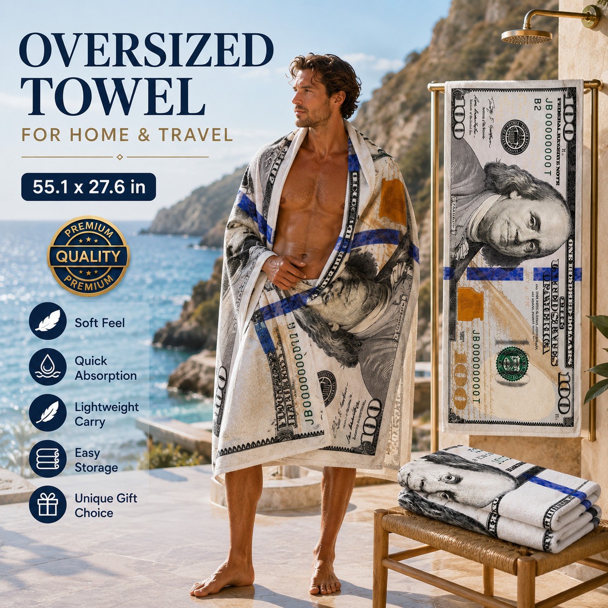 55x28in Cash Print Beach Towel Soft Velour Absorbent US Dollar Seaside Pool Towel photo 4
