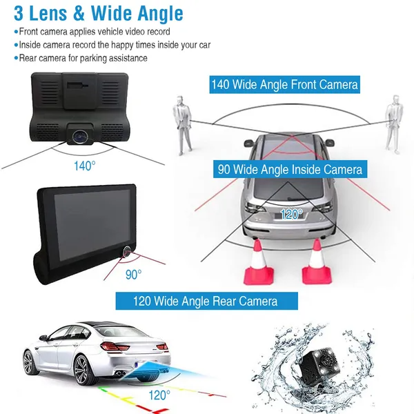 1296P Car DVR Dash Camera 4In 3 Lens Vehicle Driving Recorder Seamless Recording photo 3