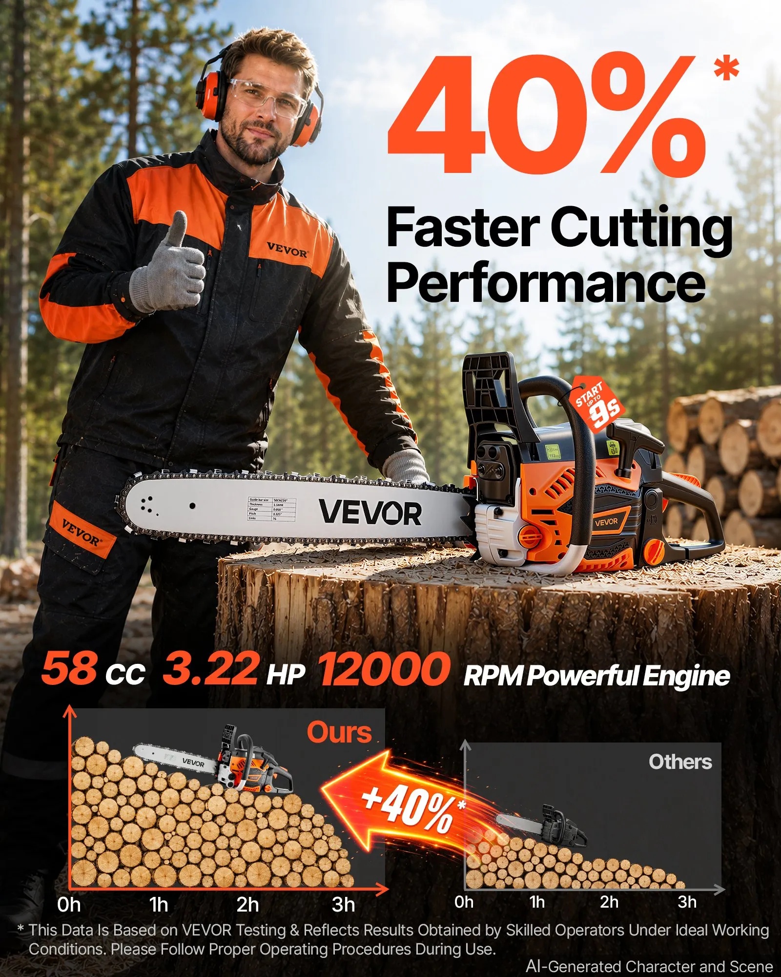 Gas Powered Chainsaw 20 Inch 58CC 3.22HP 2 Stroke Engine Gas Chainsaw, For Wood Cutting, Tree Trimming & Land Clearing, Throttle-Synced Choke, Power Chain Saw With Non-Slip Handle & Dual Tanks photo 4