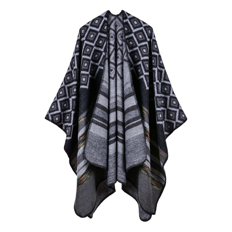 Women's Rhombus Color Striped Shawl, Women's Double-Sided Wearable Outdoor Travel Poncho photo 1