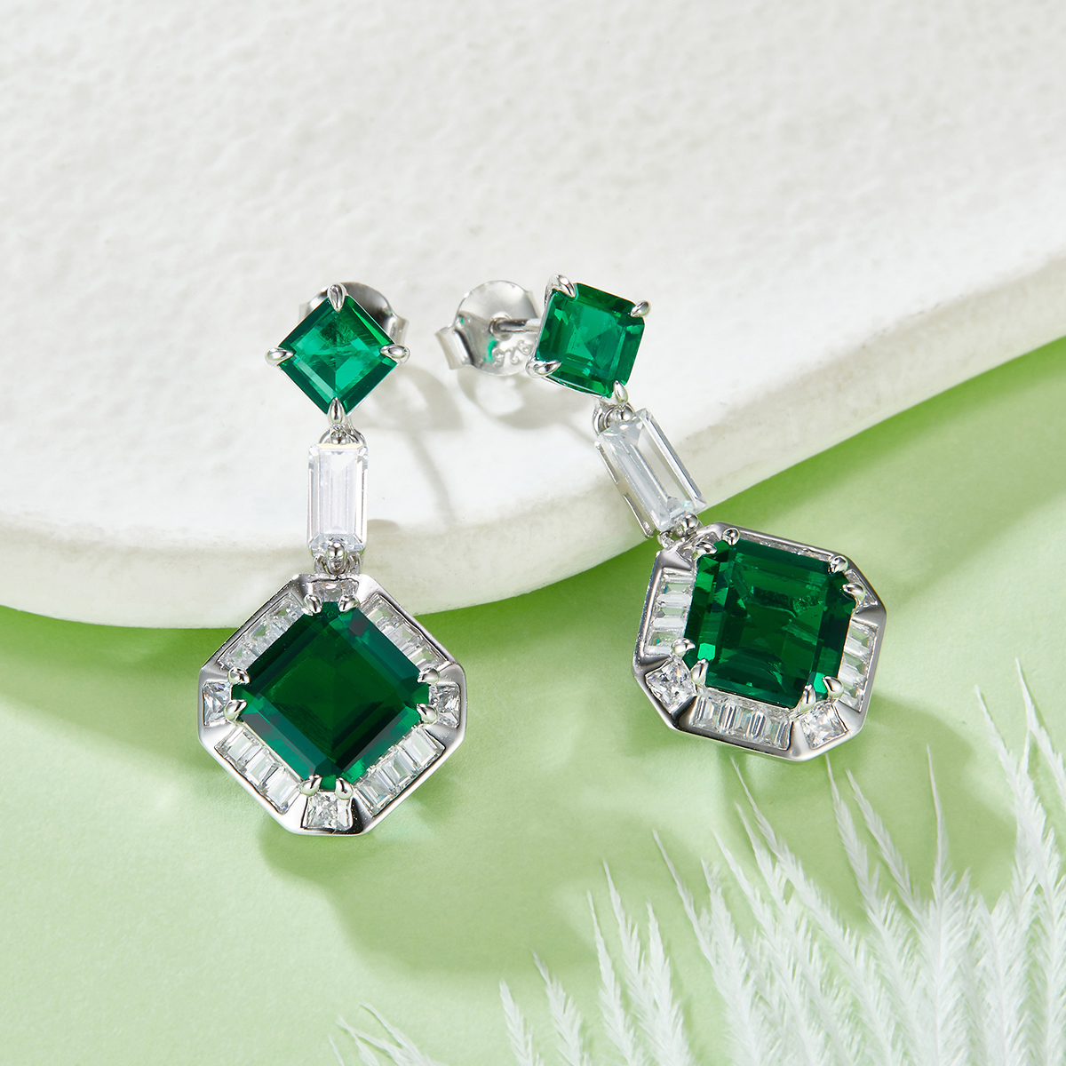 S925 Silver 5.3g Lab-Created Emerald Drop Earrings, 5.13ct Geometric Pair photo 2