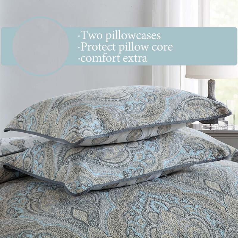 3x Dense Quilting Anti-Static Fade Proof Machine Washable All Season Lightweight Bedding 3-Piece Gray Blue Paisley Damask Quilted Bedspread Set Cotton Filled Reversible Coverlet Skin-Friendly Soft photo 4