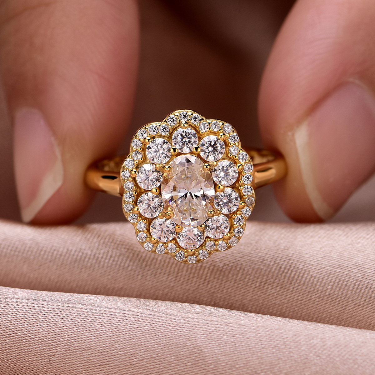 S925 Silver Gold Plated 5x7mm Oval Moissanite Ring Double Floral Halo D Color VVS1 US Size 6-9 GRA Certified Gift Box photo 3
