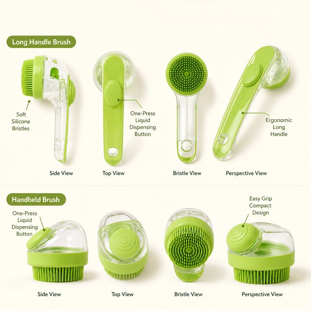 2 Pack Long & Short Handheld Dog Cat Shower Brush With Liquid Dispenser, Soft Silicone Grooming Brush For Pet Bathing & Massage photo 2