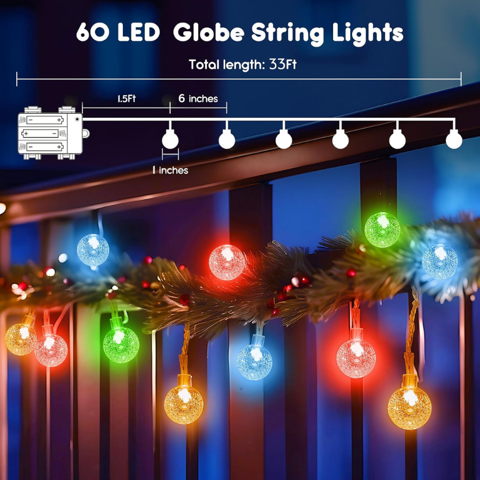 33Ft Multicolor Globe String Lights, 60 LED Battery Operated Fairy Lights With Remote photo 5