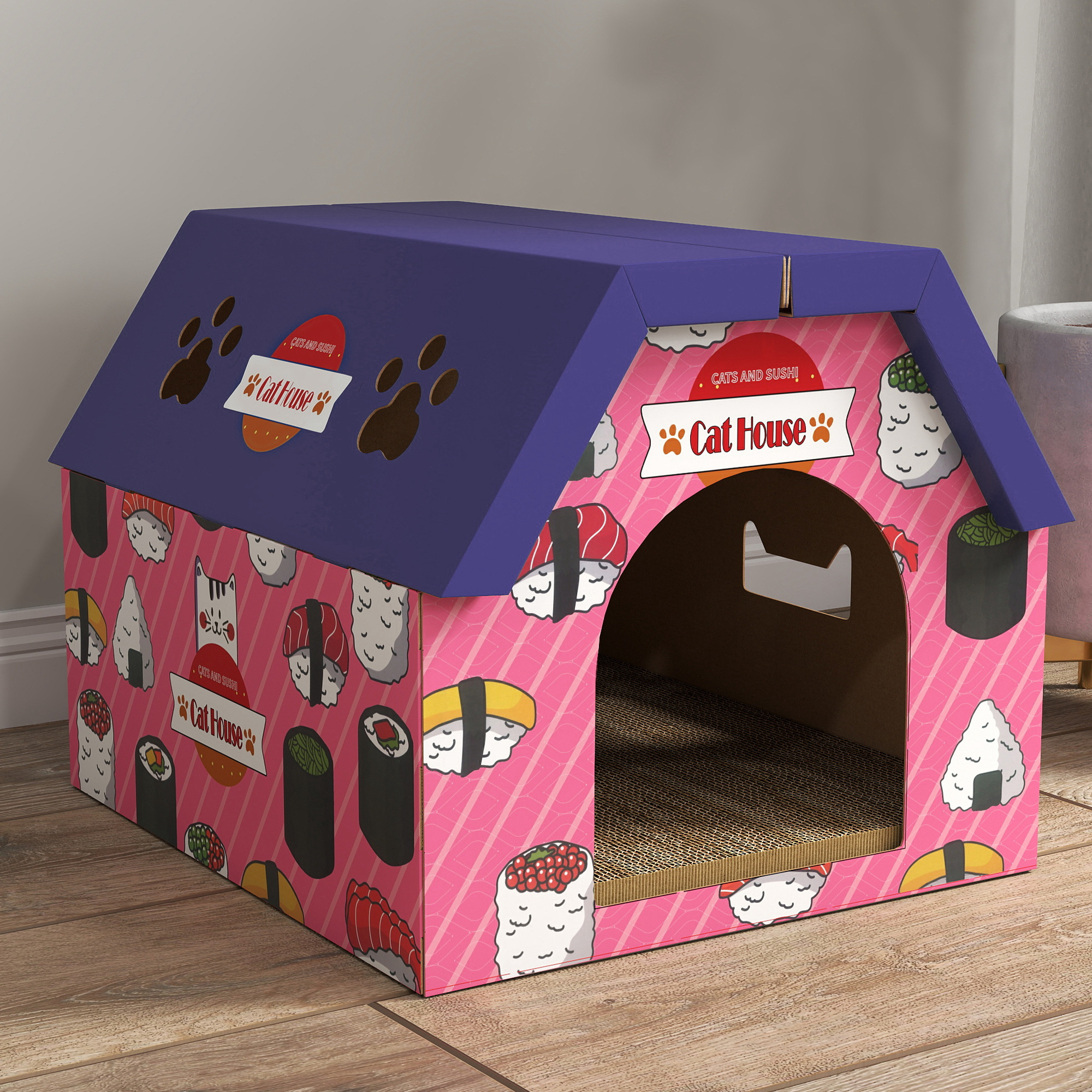 Cat Scratching Board, 2-in-1 Cardboard Cat House And Hideaway For Indoor Cats, Pink photo 1