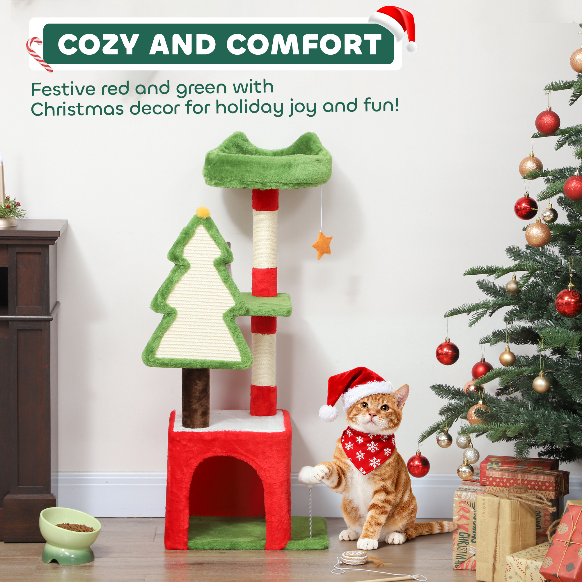 PawHut Christmas Cat Tree, 120cm Cat Tower With Scratching Post & Board, Platform, Toys, Green photo 7