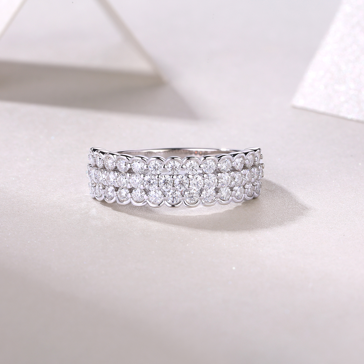 S925 Silver 3.6g Platinum Plated Moissanite Ring, 6.0mm 42pcs D VVS1 Triple Row Pave Band, GRA Certified US 5-9 photo 6