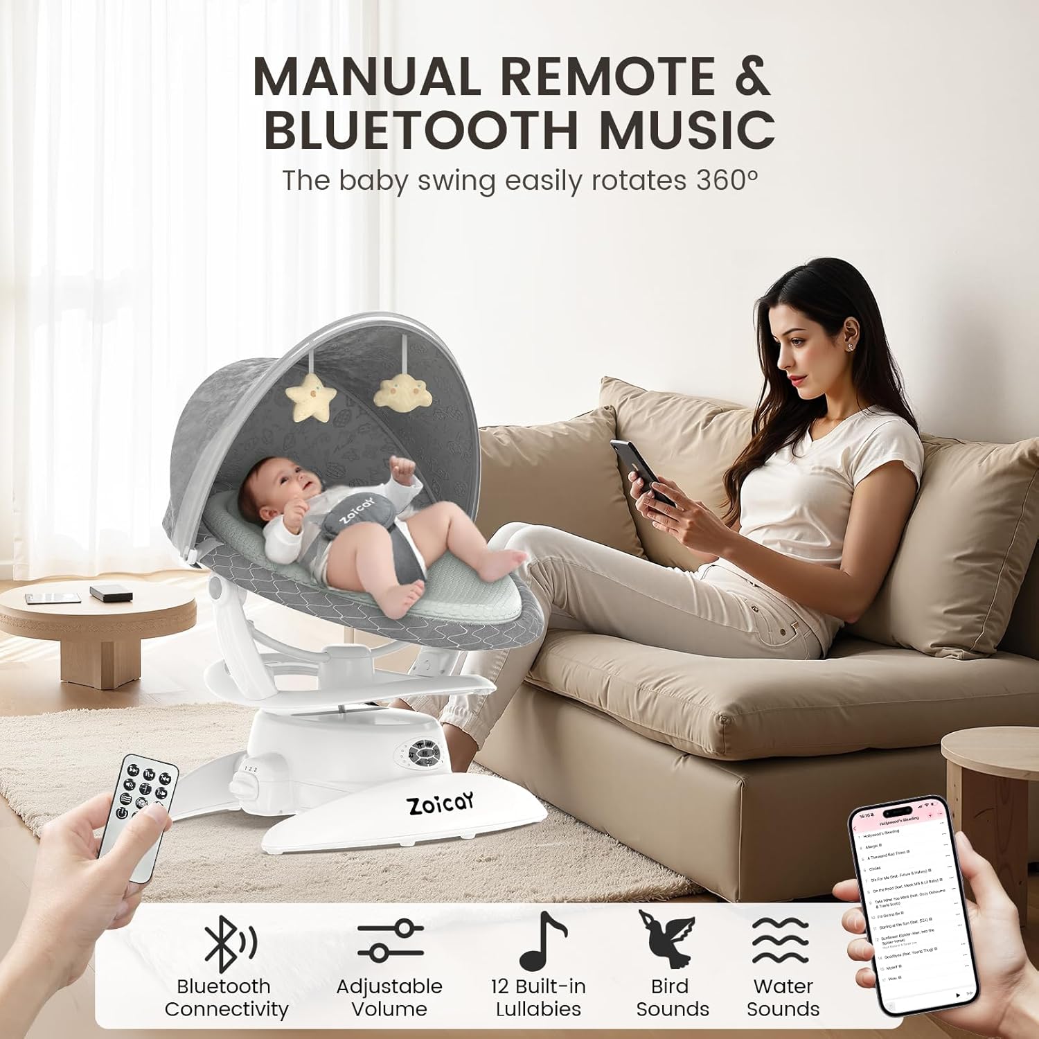 Baby Swing For Infants With Motion Detection, Electric Baby Swing With 3 Swing Modes, 12 Lullabies  5-Speeds photo 8