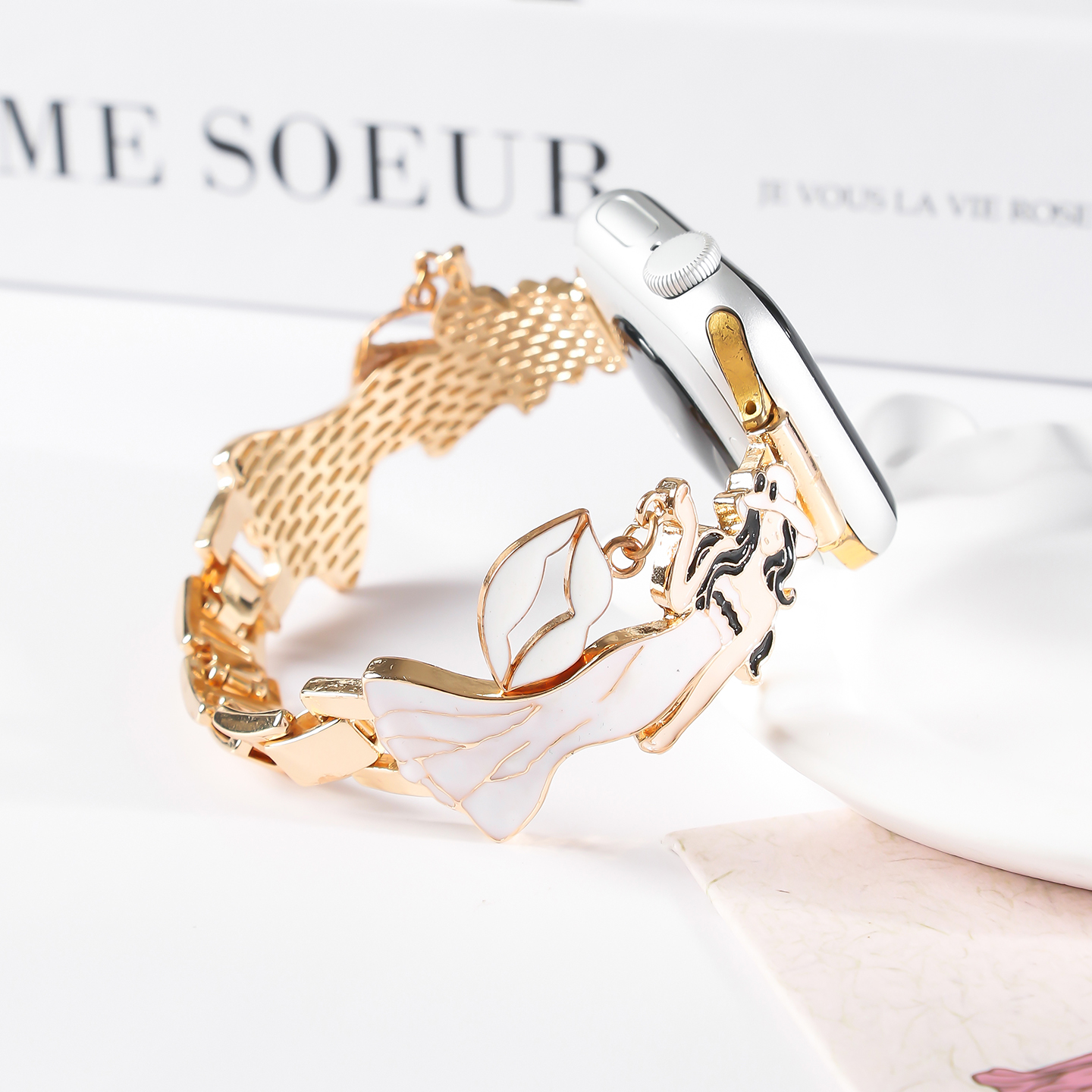 Elegant Lady Enamel Metal Watch Band For IWatch Series 10 9 8 7 6 5 4 3 2 1 SE Ultra, Cute Dress Girl Charm Bracelet Strap, Women Fashion Replacement Wristband photo 2