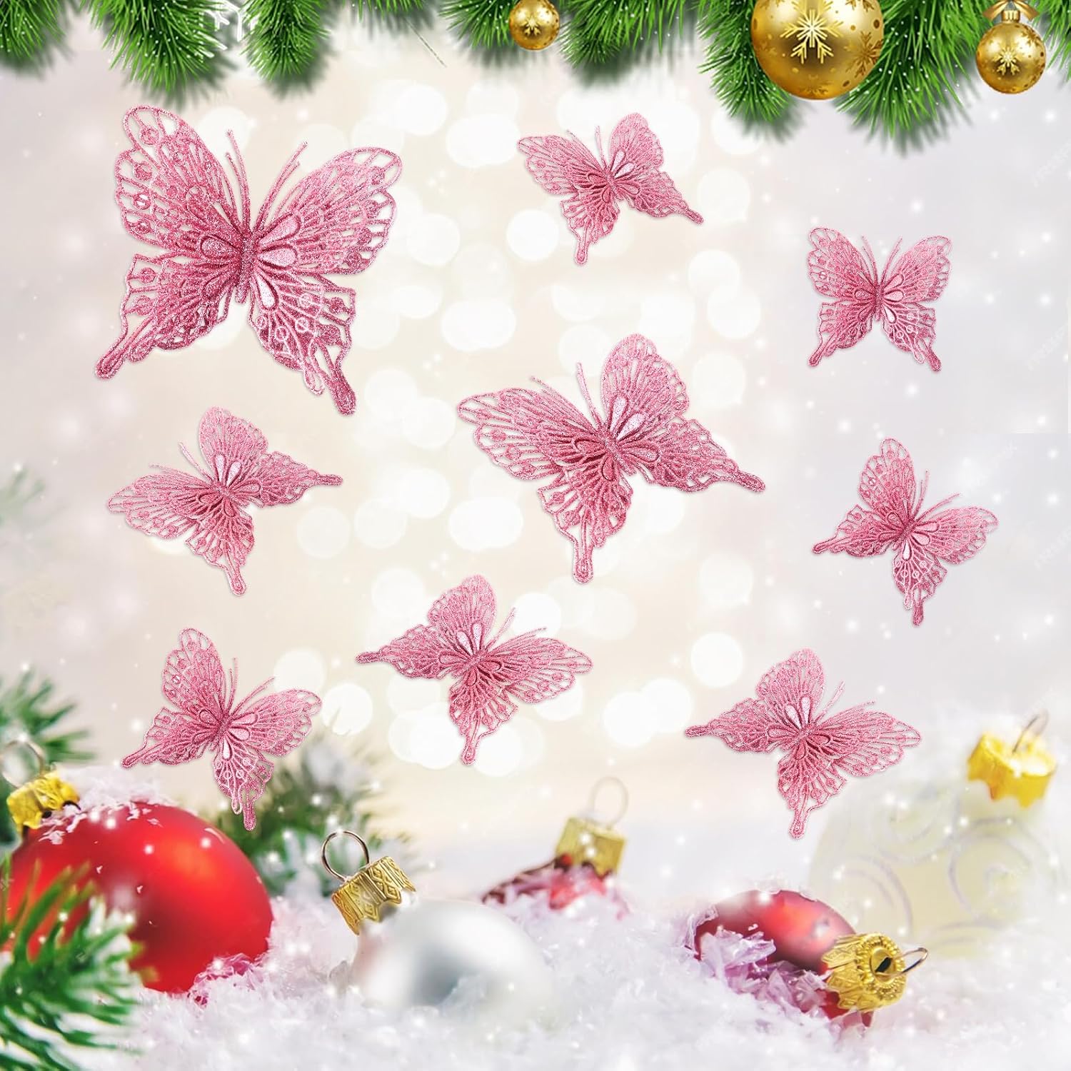 Pink Glitter Butterfly Christmas Ornaments 36 Units, 3D Hollow Out Decorations In 3 Sizes For Tree, Wedding, Wreath And Party photo 5
