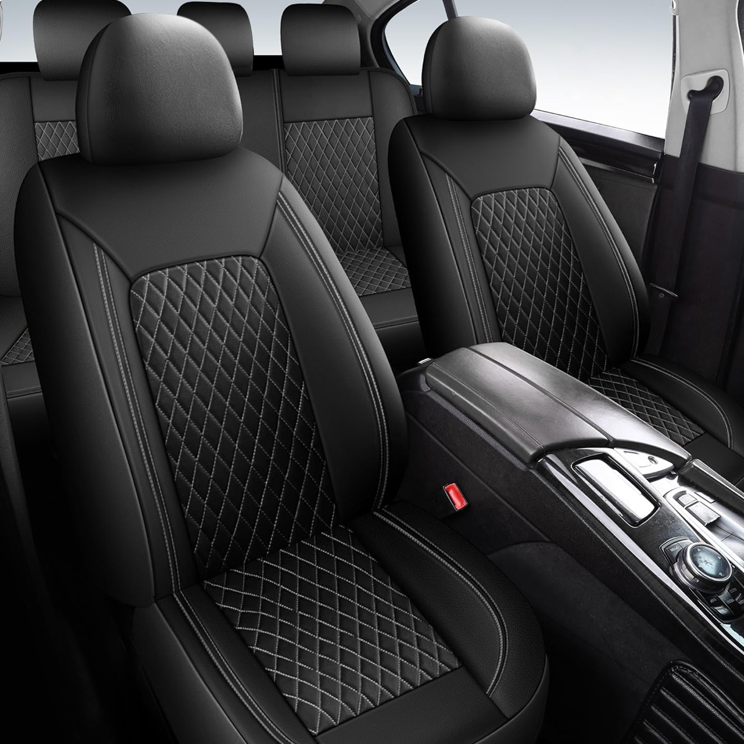 5-Seat Car Seat Cover, Single-Stitch Diamond Pattern, Quilted And Embroidered, Synthetic Leather, PVC Leather, Exported To Europe And America photo 6