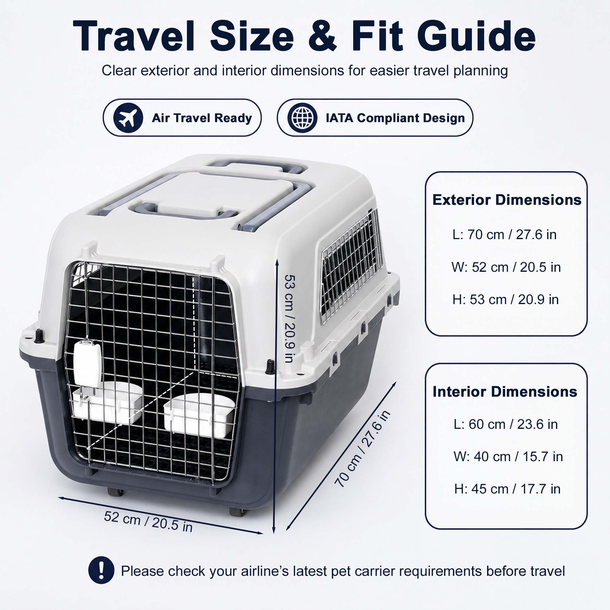 Large Pet Carrier For Cats And Dogs, Travel Crate With Ventilated Metal Door, Dual-Point Locking System, Removable Wheels And Detachable Top, Kennel For Car Travel photo 3